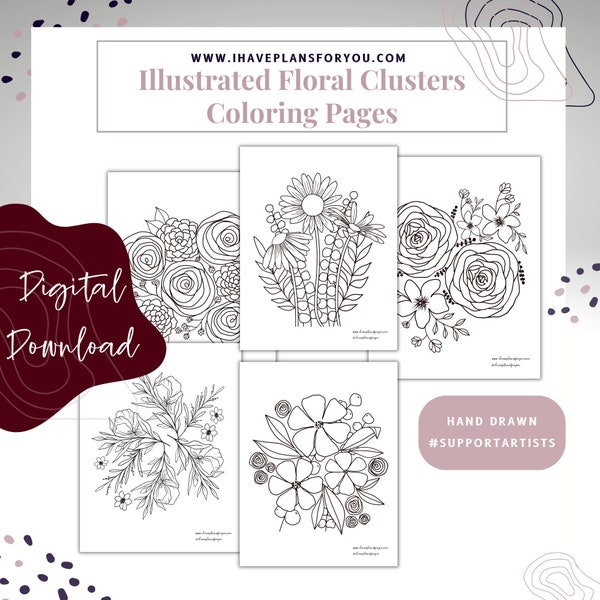 Illustrated Floral Cluster Coloring Pages Hand Drawn Printable Download