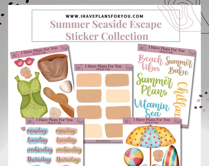 Featured listing image: Summer Seaside Escape  Sticker Collection - Planner Stickers, Journal Stickers, Paper Craft Stickers