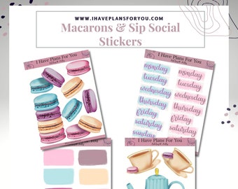Macaron and Sip Social Hand Drawn Stickers - Planner, Journal, Paper Craft Decoration