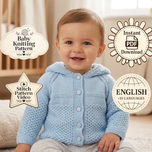 Hooded Baby Cardigan Knitting Pattern PDF, Video Demonstration, Instant Download, Woven Texture Stitch