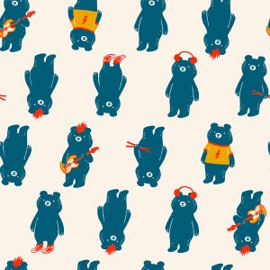 May include: A repeating pattern of teal-colored bears in various poses on a cream background. Some bears play guitars, wear headphones, or hold drumsticks. Others are upside down with spiky orange hair or wearing red sneakers.