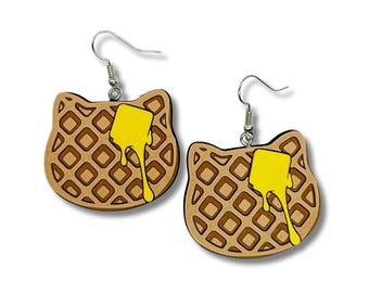 Cat Waffle Earrings 3D Printed Jewelry Breakfast Food Kitty Lovers Funny Gift