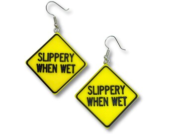 Slippery When Wet Earrings 3D Printed Funny Construction Humor Jewelry
