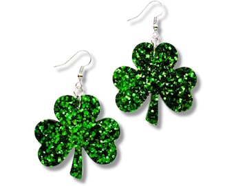Green Glitter Shamrock Earrings Lightweight St. Patrick's Day Jewelry