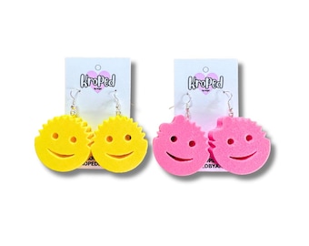 Smiley Sponge Earrings 3D Printed Funny Kitchen Themed Jewelry