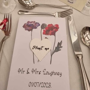 Faveur de mariage, cœur ensemencé sur carte personnalisée A5, pour que les invités se souviennent de votre journée, anniversaire marquant, anniversaire, respectueux de l'environnement, réutilisation.