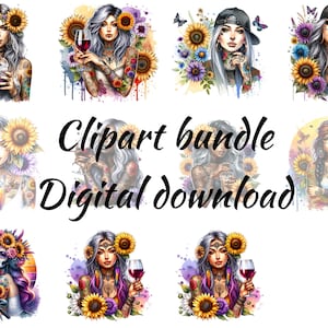 Boho Ladies Clipart Bundle - Vibrant Illustrations of Empowered Women with Tattoos and Sunflowers for Instant Download Sublimation Design