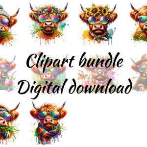 Verspielte Highland Kuh Clipart Sammlung - sofortiger Download für Sublimationsdesign - skurrile und bunte Illustrationen