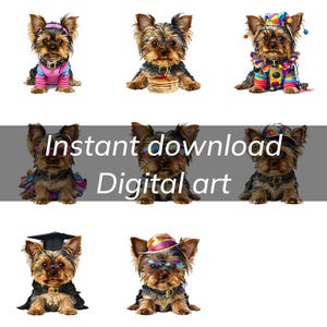 Adorable Yorkshire Terrier Sticker Bundle - Fashionable Cartoon Dog with Pink Outfit - Digital Art for Instant Download