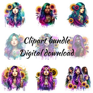 Paquete de imágenes prediseñadas bohemias vibrantes en verde azulado y morado con elementos florales para descarga instantánea - Diseño artístico de sublimación