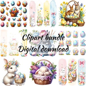 Lot de cliparts de Pâques fantaisiste avec des lapins, des œufs et des motifs floraux - Téléchargement instantané pour les célébrations du printemps