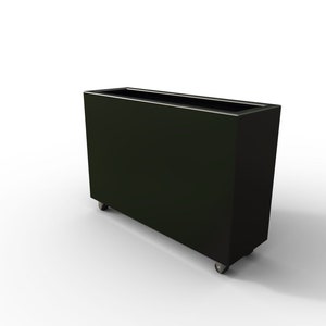 May include: A black rectangular planter on wheels. The planter has a rectangular opening at the top.
