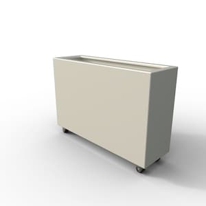 May include: A rectangular, off-white planter on wheels. The planter is empty and has a slightly raised lip around the top.