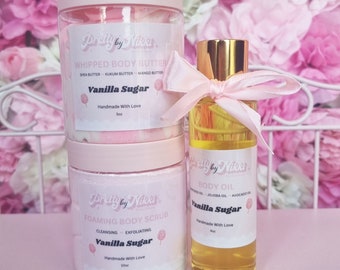 Vanilla Sugar Bodycare Set | Whipped Body Butter, Body Scrub, Body Oil, Gift for Her, Gift Set, Skincare Bundle, Christmas | Pretty By Nikki