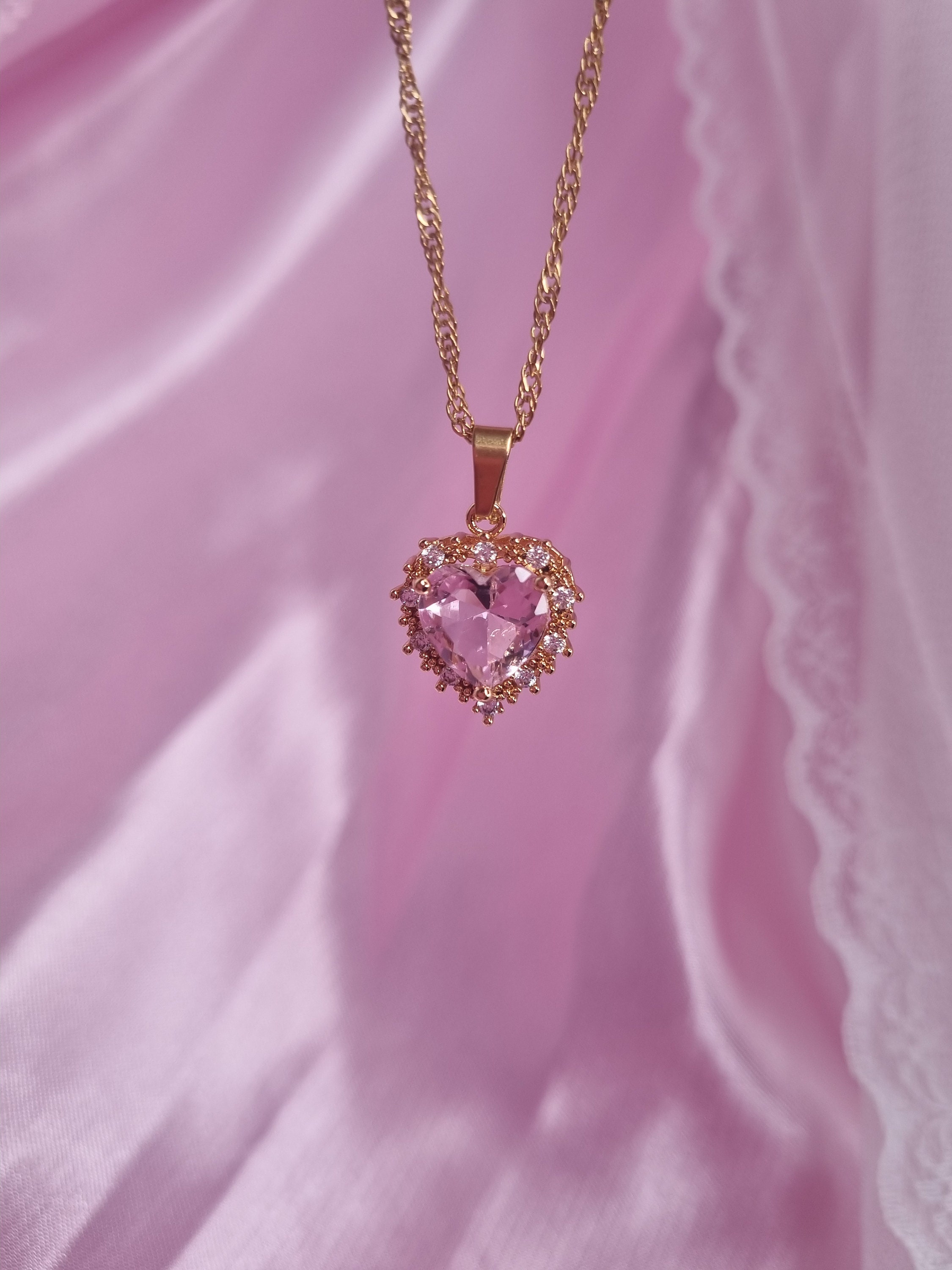 18K Gold Plated Pink Heart Princess Necklace Handmade, Mother's Day Gift , Dainty Jewellery, Soft Girl Aesthetic Necklace for Women