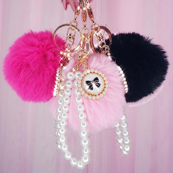 Pink Faux Fur Pom Keychain, Pink Fur Pom Handbag Charm, Gold Bow Keychain