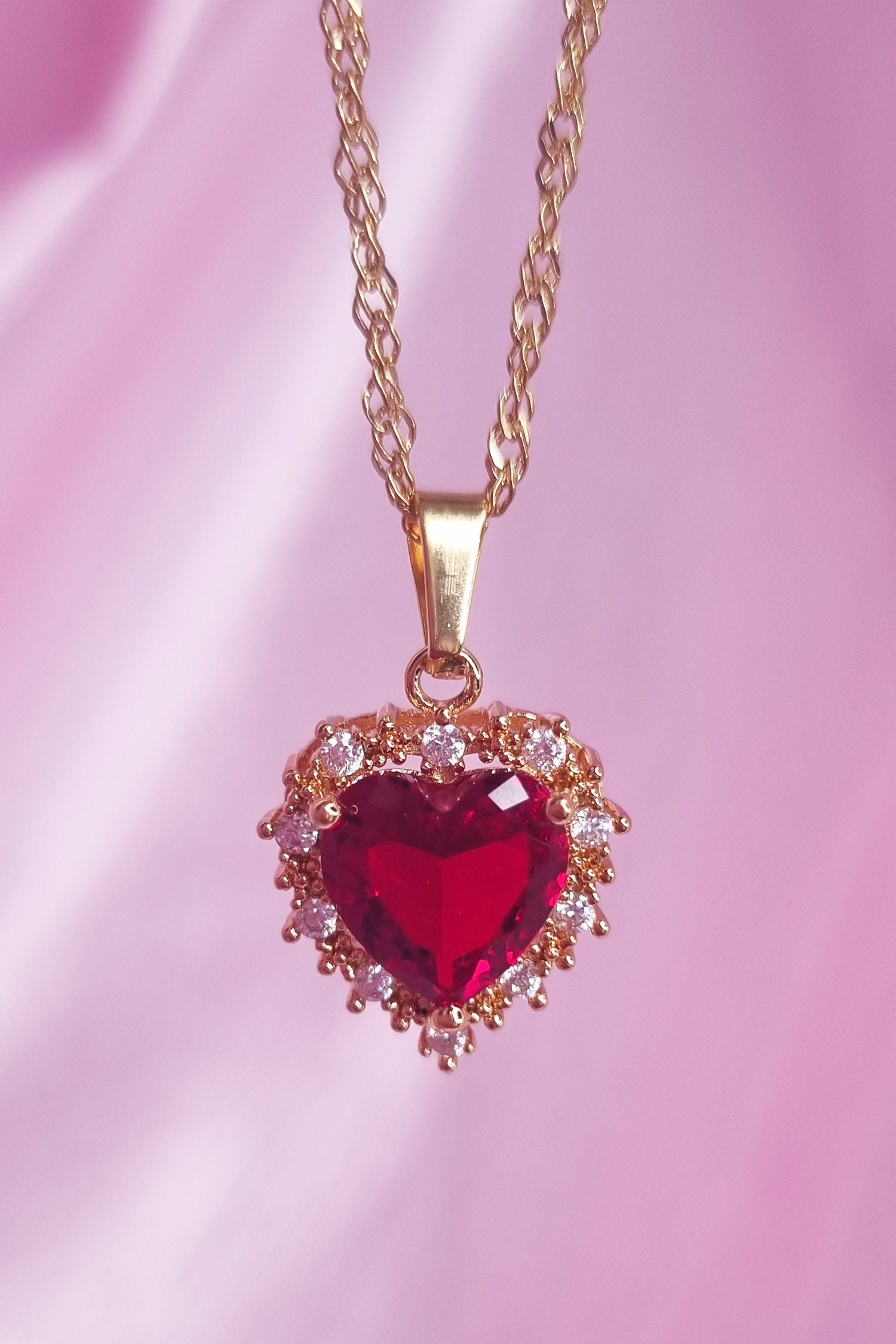 Gold Metal, Pink, Red Lambskin Woven Lambskin CC Heart Pendant Necklace,  2018