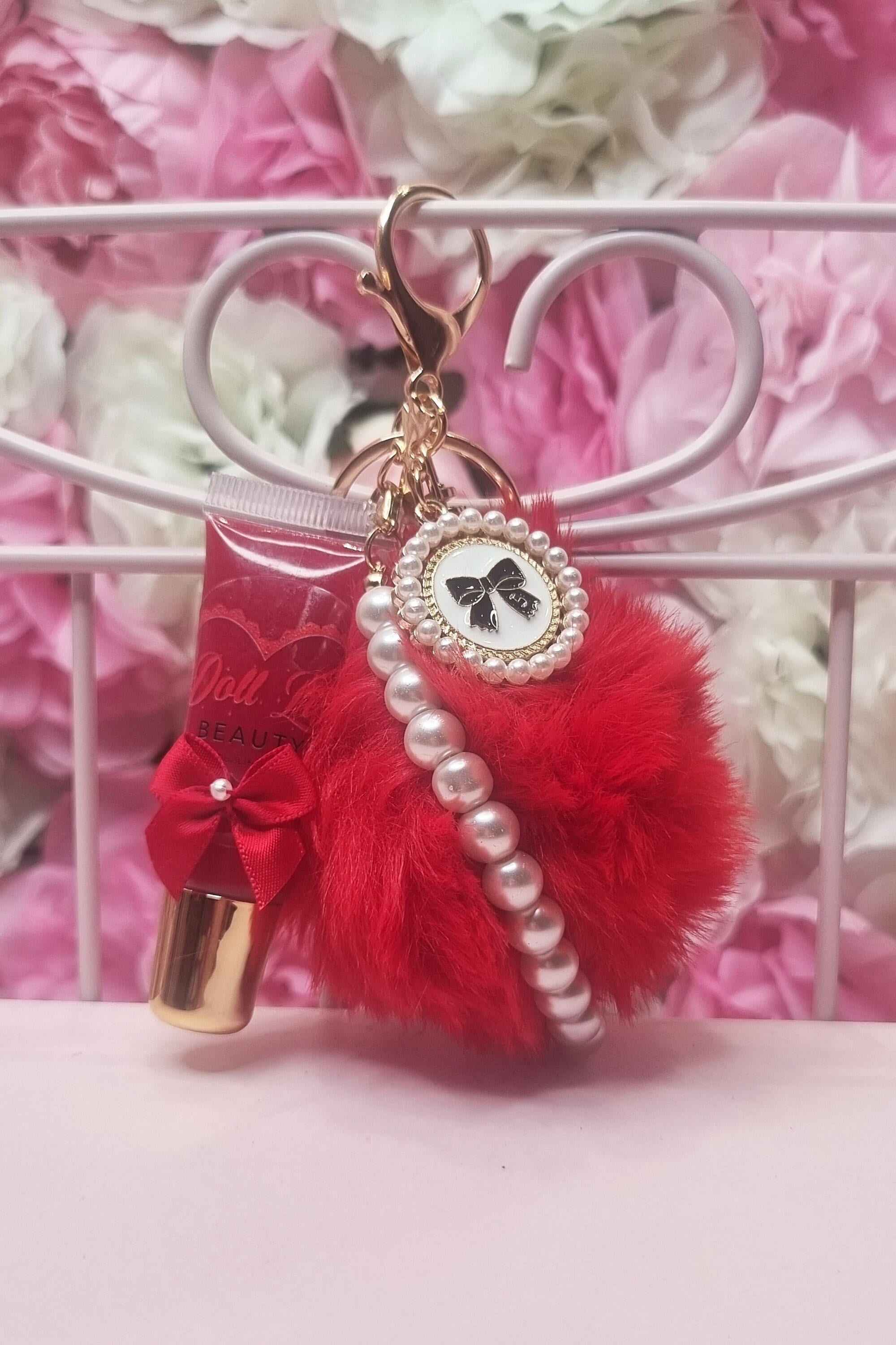 Buy Ruby Red Lipgloss Pom Faux Fur Charm Keyring Handmade Bag