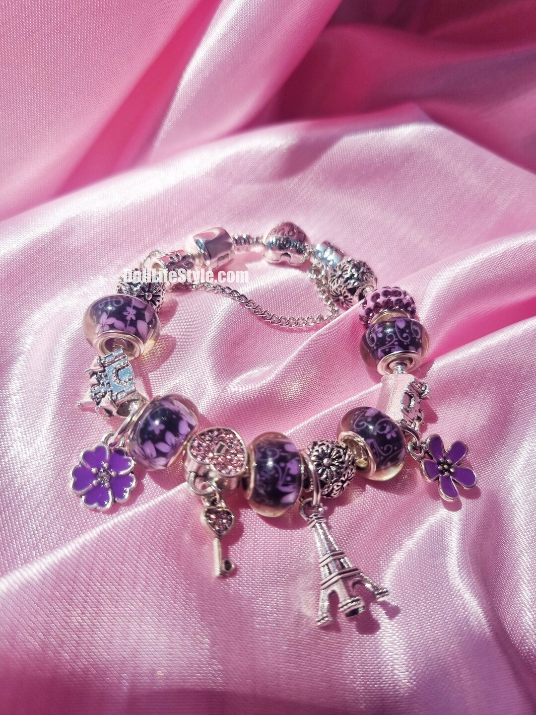 Silver Purple Flower Charm Rhinestone Heart Paris Bracelet Etsy UK