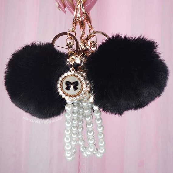 Hicarer 12 Pieces Fluffy Pom Pom Keychain Bulk Bow Rhinestone Faux Pompoms  Keyring for Girls Women Bags Craft, 12 Colors