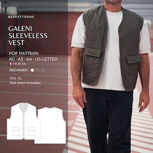 Op de afbeelding: Een donker olijfgroen mouwloos vest met twee grote voorzakken, gedragen over een wit T-shirt. De afbeelding bevat de tekst: OLYPATTERNS GALENI SLEEVELESS VEST PDF PATTERN A0 A3 A4 US LETTER FR EN BEGINNER XXS-XL. Een witte lijntekening toont het vest voor en achter.