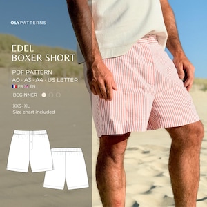 Peut inclure: Un patron de couture PDF pour le Edel Boxer Short, présentant un motif à rayures verticales blanches et roses. L'image affiche le texte OLYPATTERNS, EDEL BOXER SHORT, PDF PATTERN, A0, A3, A4, US LETTER, FR, EN, BEGINNER, XXS-XL, et Size chart included.