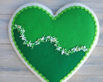 Felt heart sugar cookie wreath attachment, green colorblock squiggly heart, St. Patrick's Day, fake cookie