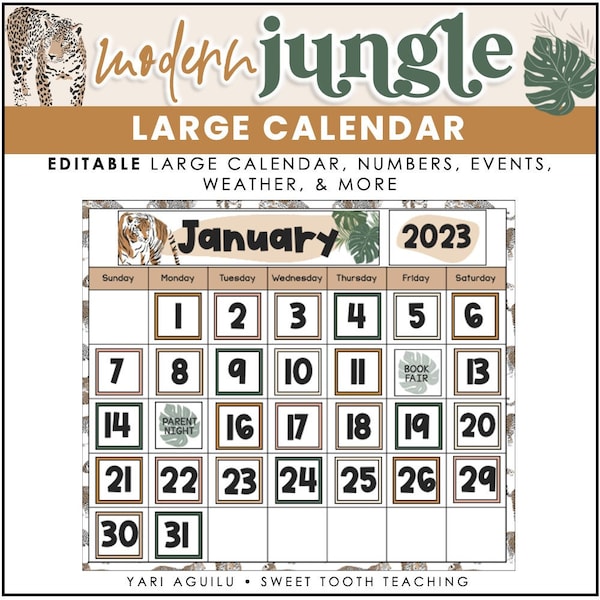 Decoración de aula imprimible / Calendario grande / Tema de la selva moderna