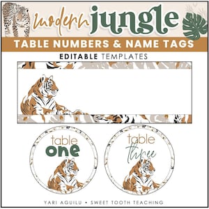 Peut inclure: Un design avec le texte "Modern Jungle" et "Table Numbers & Name Tags - Editable Templates". Il présente une illustration de tigre, une illustration de léopard et une illustration de feuille. Le design comprend également des cercles de numéros de table avec les mots "table one" et "table three."