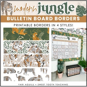 Jungle Themed Bulletin Board Borders with Cheetahs, Tigers, Tropical Leaves | Jungle Classroom Decorations