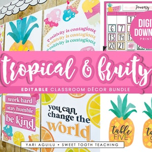 Colorful Classroom Decor | Tropical & Fruity Classroom Theme | Pineapple, Flamingo, Watermelon Accents | EDITABLE Decorations