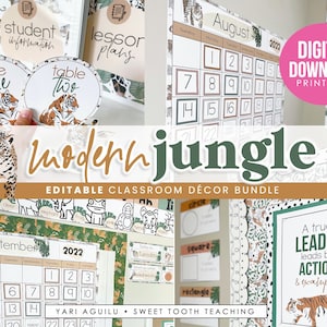 Jungle Themed Classroom Decor | Neutral Classroom Decorations & Organization Printables | Cheetah, Tigers, Safari Animals