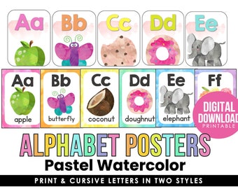 Colorful Alphabet Posters| Print & Cursive ABC Posters | Colorful Classroom Decor | Watercolor Pastel | DIGITAL DOWNLOAD