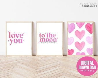 Ik hou van je tot de maan Valentijnsdag print | Muurkunst voor meisjeskamer | Speelkamerdecoratie| Roze harten | DIGITALE DOWNLOAD | V1