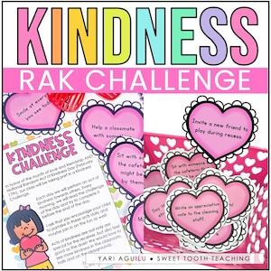 May include: Pink heart-shaped cards with black outlines and white text inside a pink wire basket. The cards have different messages about kindness, such as "Smile at everyone you see today" and "Help a classmate with something".