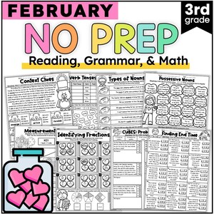 3rd Grade Review Worksheets Homeschooling | Winter Math, Reading, Grammar Printables for February- Valentine&#39;s Day Activities