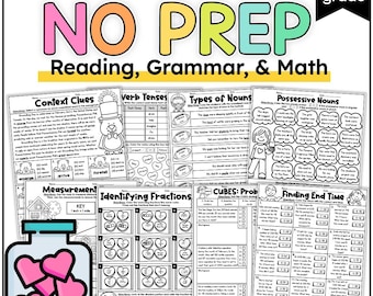 3rd Grade February Worksheets: Math, Reading, Grammar- Homeschool Printables for Valentine's Day