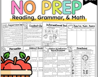 3rd Grade September Review Worksheets: Math, Reading, Grammar (Printable)