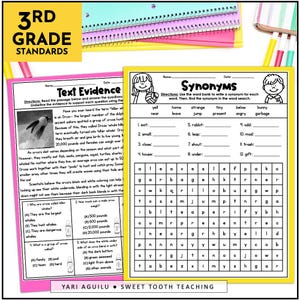 May include: A black and white word search puzzle with the word "synonyms" in a yellow banner at the top. The puzzle includes words like "yell", "home", "strange", "tiny", "below", "bunny", "garbage", "exit", "small", "close", "house", "rabbit", "leap", "shout", "odd", "mad", "trash", "under", "gift".