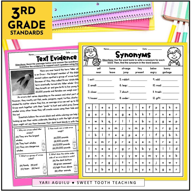 May include: A black and white word search puzzle with the word "synonyms" in a yellow banner at the top. The puzzle includes words like "yell", "home", "strange", "tiny", "below", "bunny", "garbage", "exit", "small", "close", "house", "rabbit", "leap", "shout", "odd", "mad", "trash", "under", "gift".