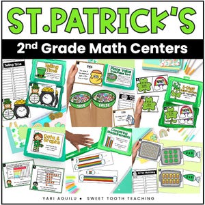 Centri matematici per il giorno di San Patrizio: schede di esercizi di matematica e attività di ripasso per la seconda elementare: addizione, sottrazione, lettura dell'ora, valore posizionale, forme.
