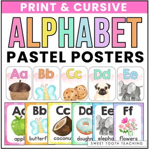 Cartazes coloridos do alfabeto | Cartazes ABC impressos e cursivos | Decoração colorida para sala de aula | Pastel de aquarela | DOWNLOAD DIGITAL
