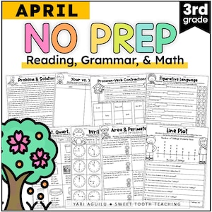 Hojas de trabajo de repaso de tercer grado Educación en el hogar / Matemáticas de primavera, comprensión de lectura, gramática, escritura Imprimibles para abril