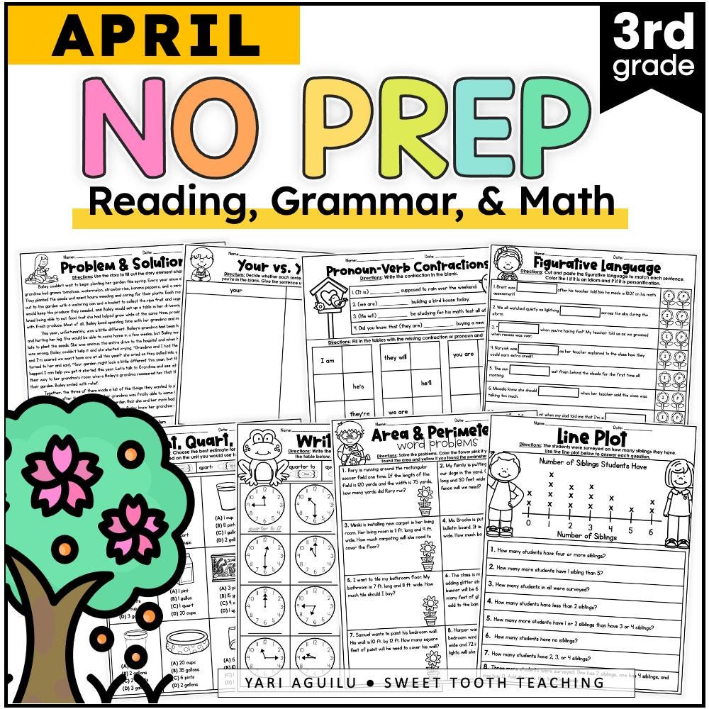 3rd Grade Review Worksheets Homeschooling | Spring Math, Reading Comprehension, Grammar, Writing Printables for April