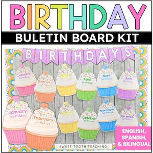 Tableau d'affichage coloré pour anniversaire | Posters mignons de petit gâteau d'anniversaire pour la salle de classe | Décoration de classe pastel arc-en-ciel | Anglais et espagnol
