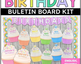 Pastel Rainbow Birthday Bulletin Board: Cupcake Classroom Decor (English & Spanish)