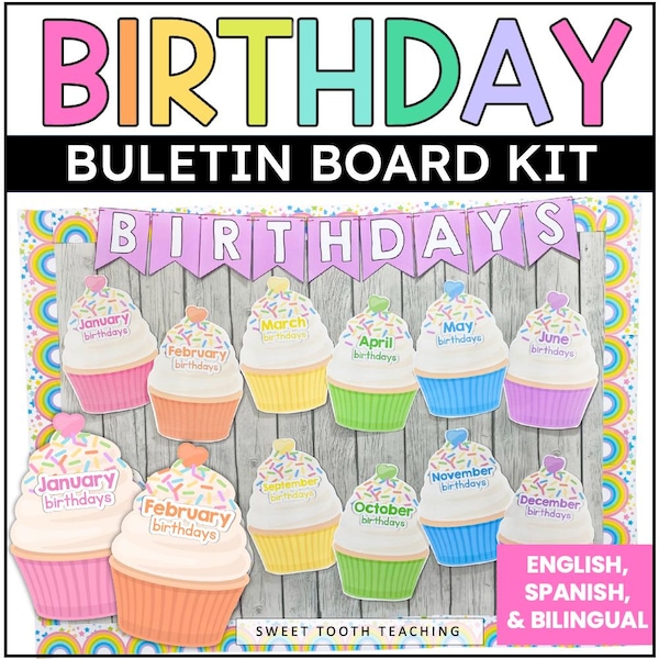 Pastel Rainbow Birthday Bulletin Board: Cupcake Classroom Decor (English & Spanish)