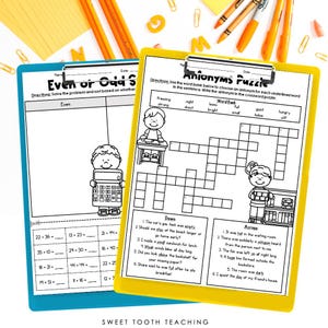 May include: Two black and white printable worksheets for kids. The first worksheet is titled "Even or Odd Sum" and has math problems for kids to solve. The second worksheet is titled "Antonyms Puzzle" and has a crossword puzzle with a word bank.