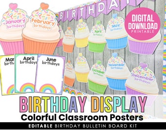 Colorful Birthday Display Bulletin Board | Cute Birthday Cupcake Posters for Classroom | Rainbow Pastel Classroom Decor | English & Spanish