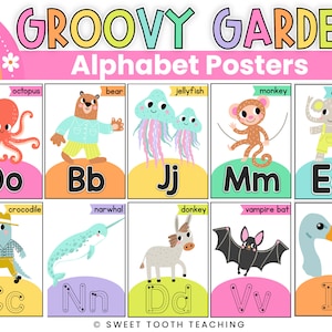 Colorful Primary Alphabet Posters | Traceable Letters | Groovy Garden Retro Classroom Decor | DIGITAL DOWNLOAD